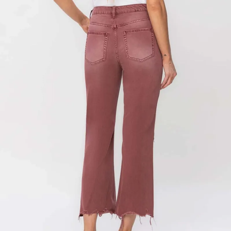 Billie 90's Distressed Vintage Crop Jeans in Washed Burgundy