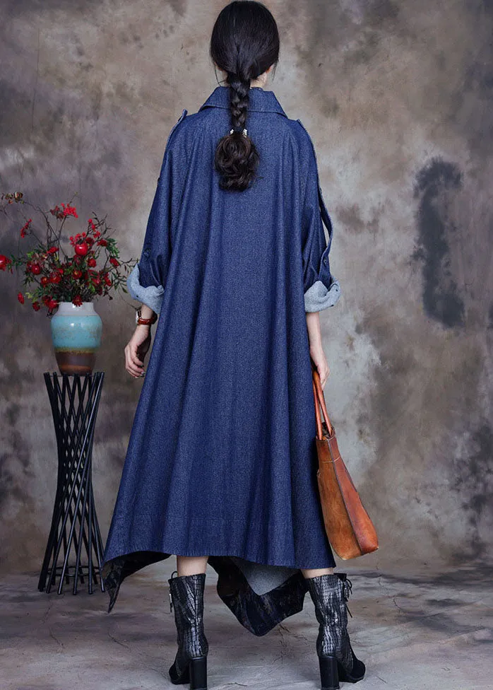 Blue asymmetrical design button Peter Pan Collar Cotton denim trench Coats