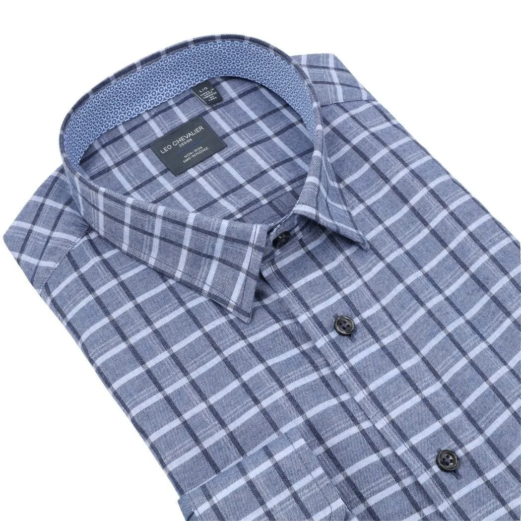 Blue Check Long Sleeve Men's Hidden Button Down Regular Fit Shirt