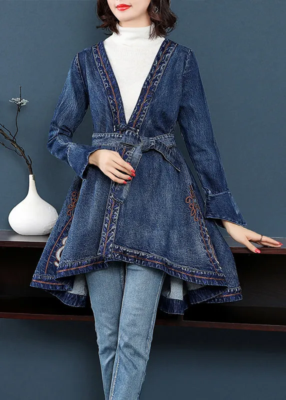 Blue low high design V Neck Embroideried Cotton Denim trench coats Long Sleeve