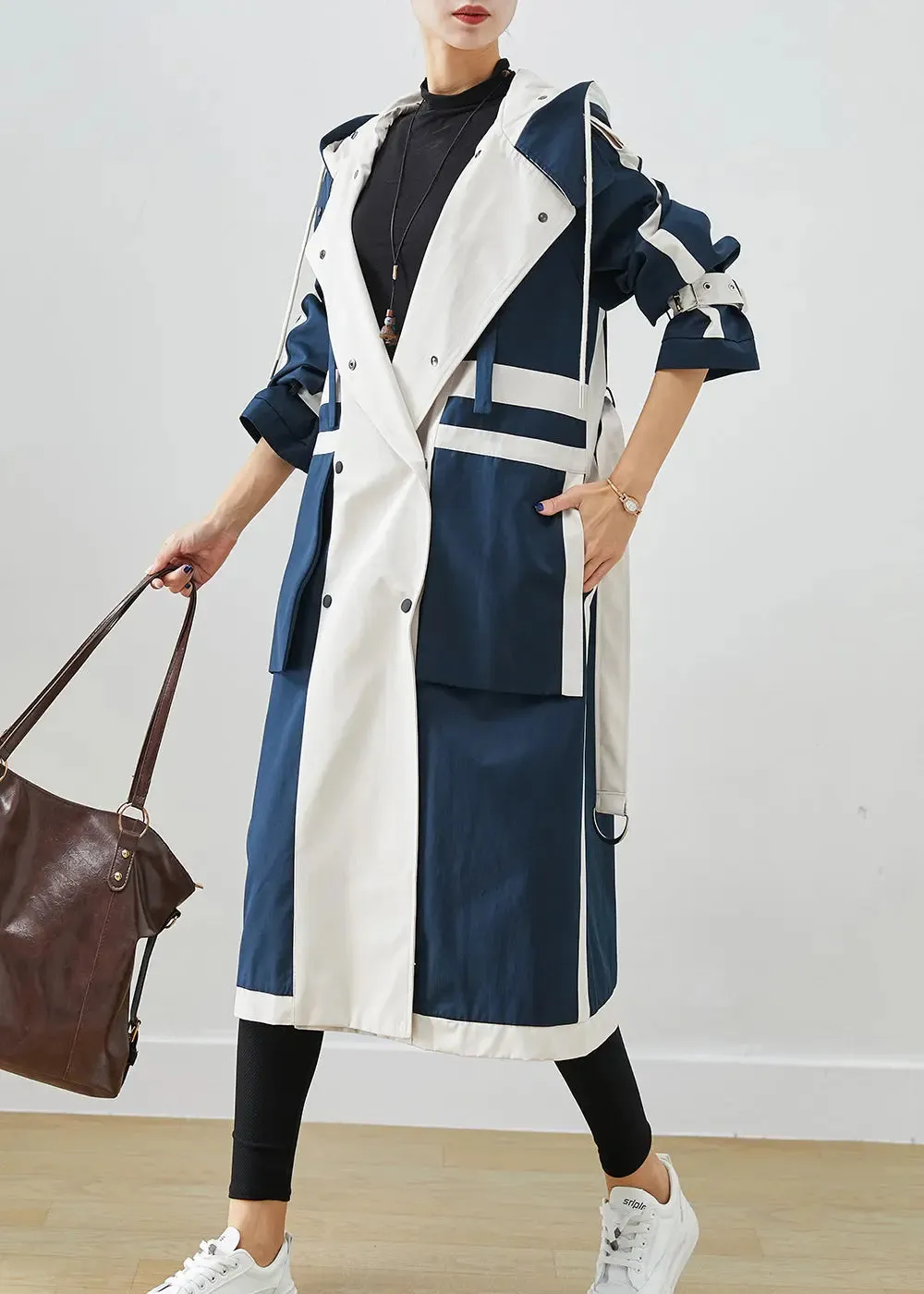 Chic Navy Oversized Patchwork Original Design Cotton Trench Coats Fall ML3271