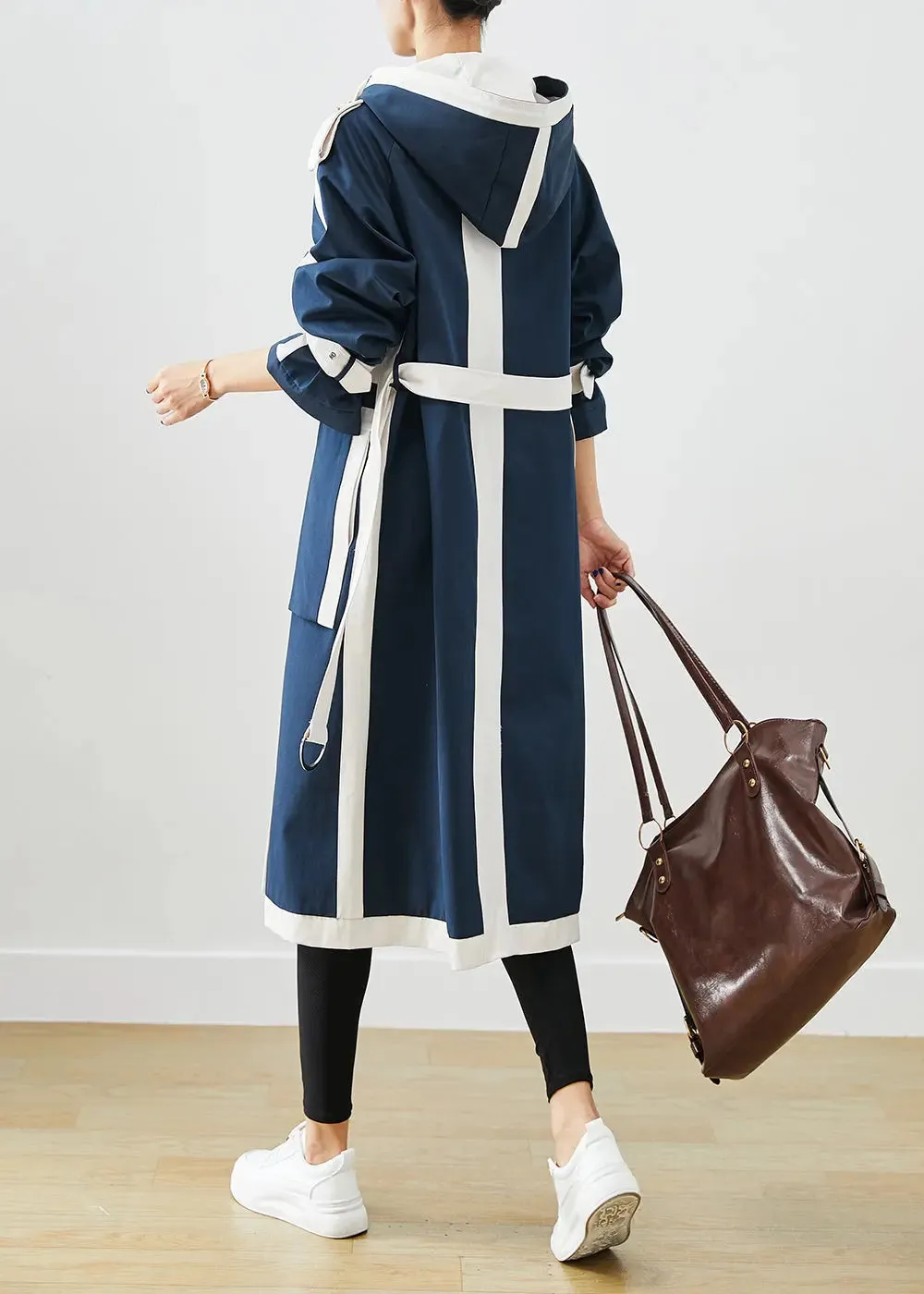 Chic Navy Oversized Patchwork Original Design Cotton Trench Coats Fall ML3271