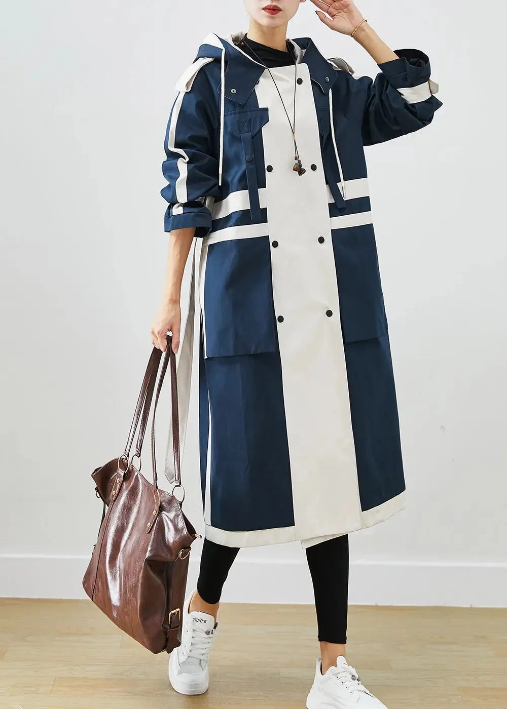 Chic Navy Oversized Patchwork Original Design Cotton Trench Coats Fall ML3271