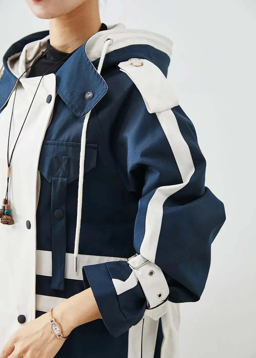 Chic Navy Oversized Patchwork Original Design Cotton Trench Coats Fall ML3271