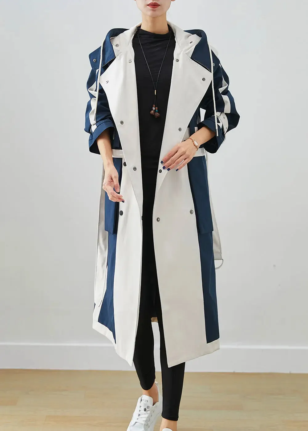 Chic Navy Oversized Patchwork Original Design Cotton Trench Coats Fall ML3271