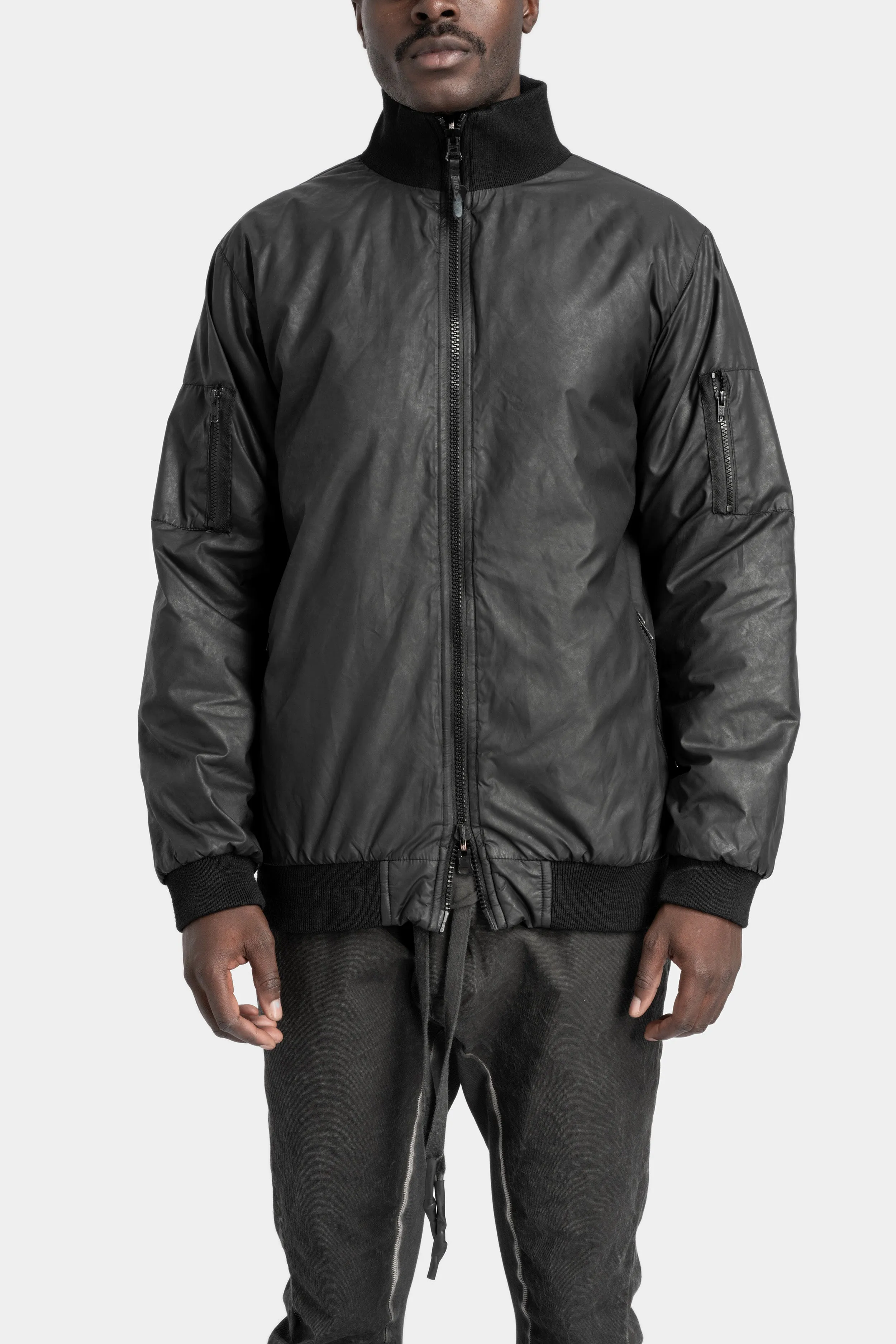 Coated reversible bomber jacket