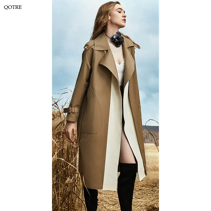 Color Block Calf-Length Belted Wool Blend Coat