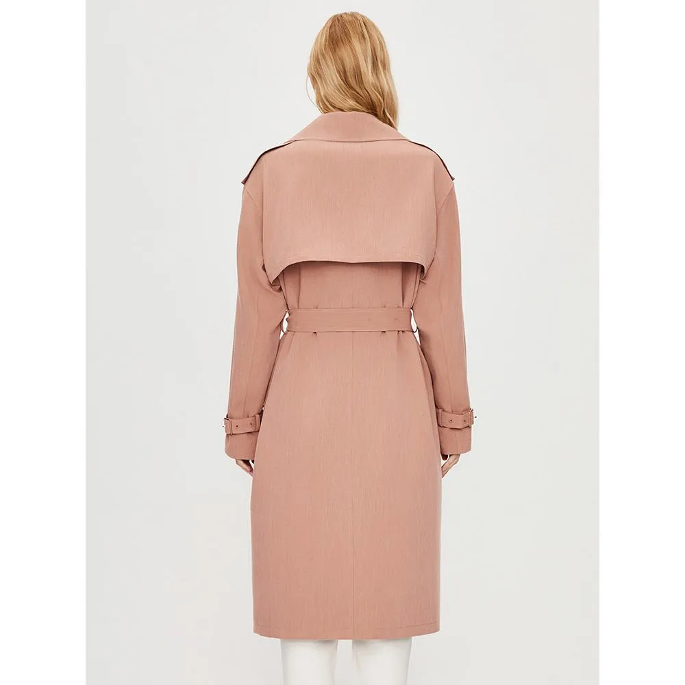 Color Block Calf-Length Belted Wool Blend Coat