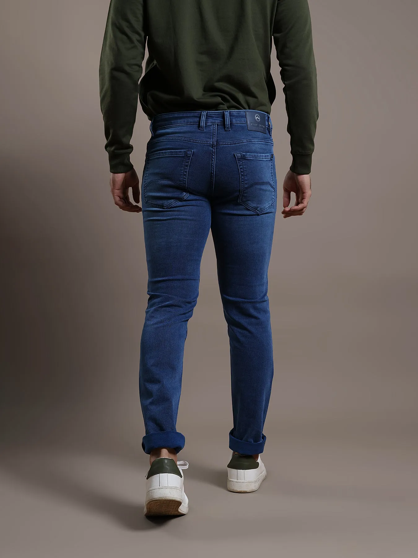 Cotton Stretch Blue Plain Narrow Fit Flat Front Casual Jeans