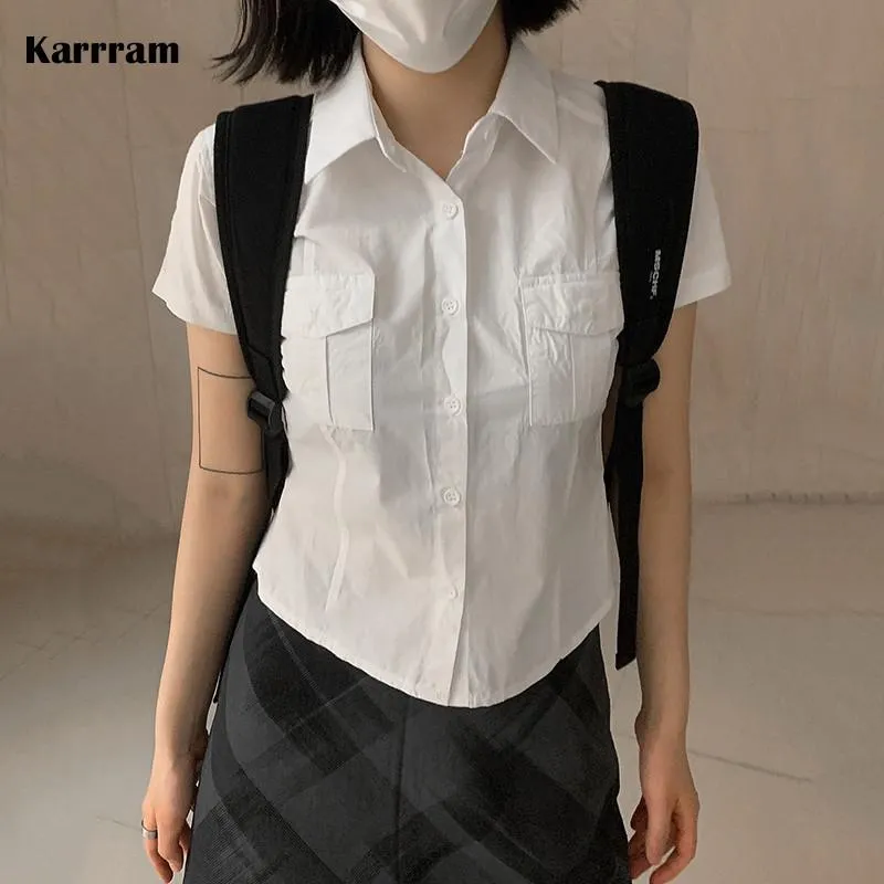 deanwangkt Summer Korean Fashion White Shirt Short Sleeve Double Pocket Solid Shirts Women Japanese Style Blouse Lapel Collar Tops