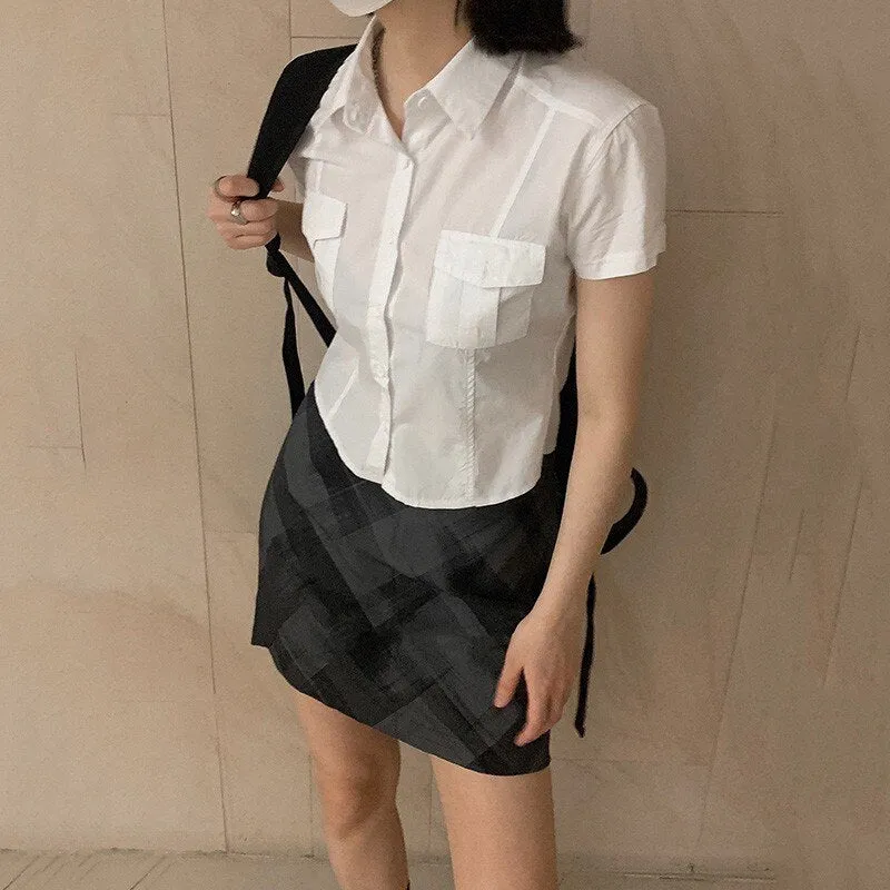 deanwangkt Summer Korean Fashion White Shirt Short Sleeve Double Pocket Solid Shirts Women Japanese Style Blouse Lapel Collar Tops