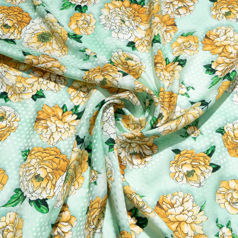 Deep Yellow Floral Printed Mint Green Silk Jacquard