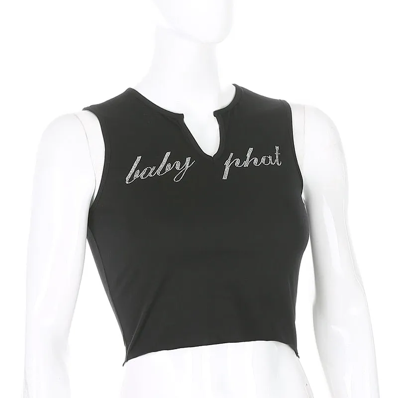 Diamond Letter Pink Cute Tank Top Female Casual Workout Clothing Deep V Neck Sexy Club Y2K Crop Tops Summer Black