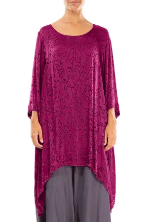 Dropped Edge Magenta Devoré Feather Silk Tunic