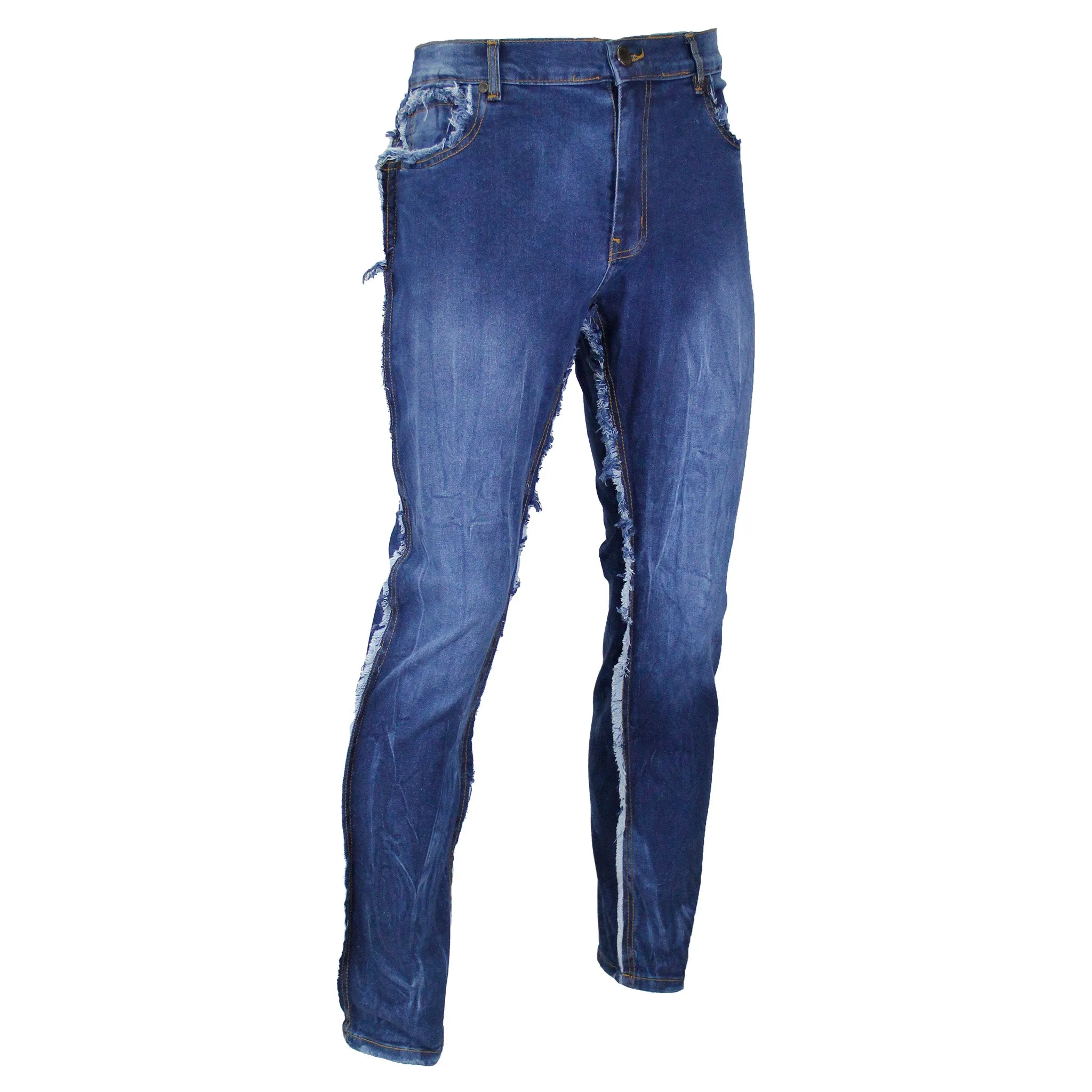 EVL Slim Fit Frayed Jeans w/Stretch in Blue Wash