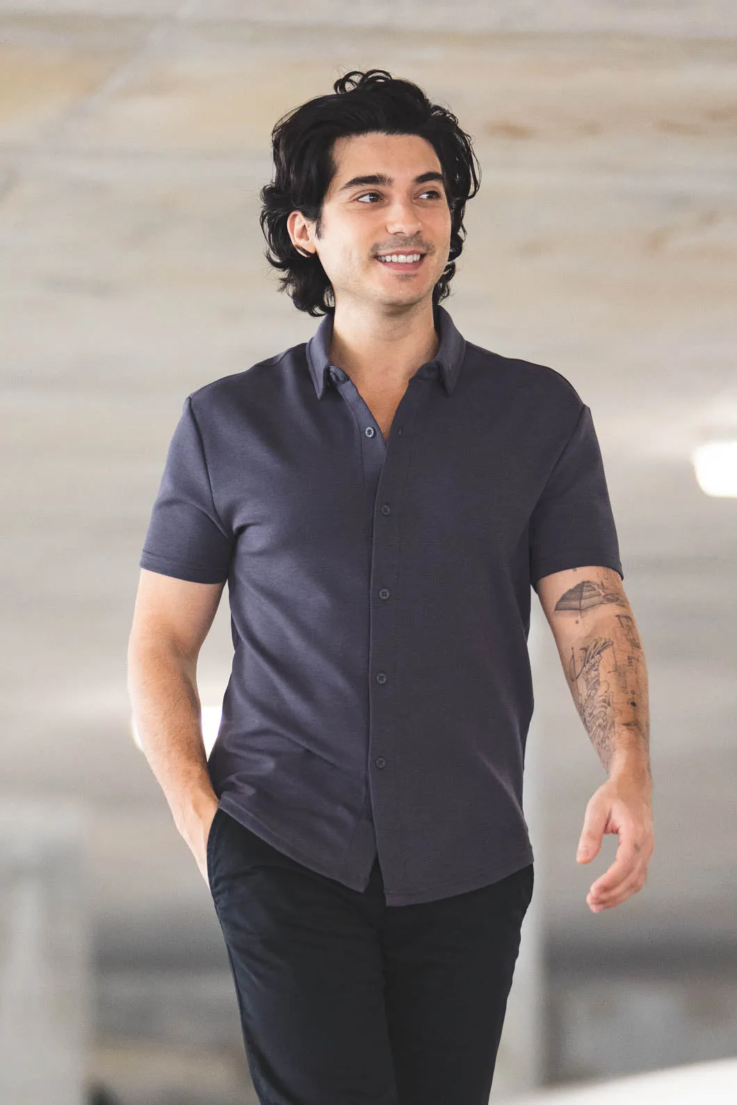 Flex Short Sleeve Button Down Shirt Charcoal