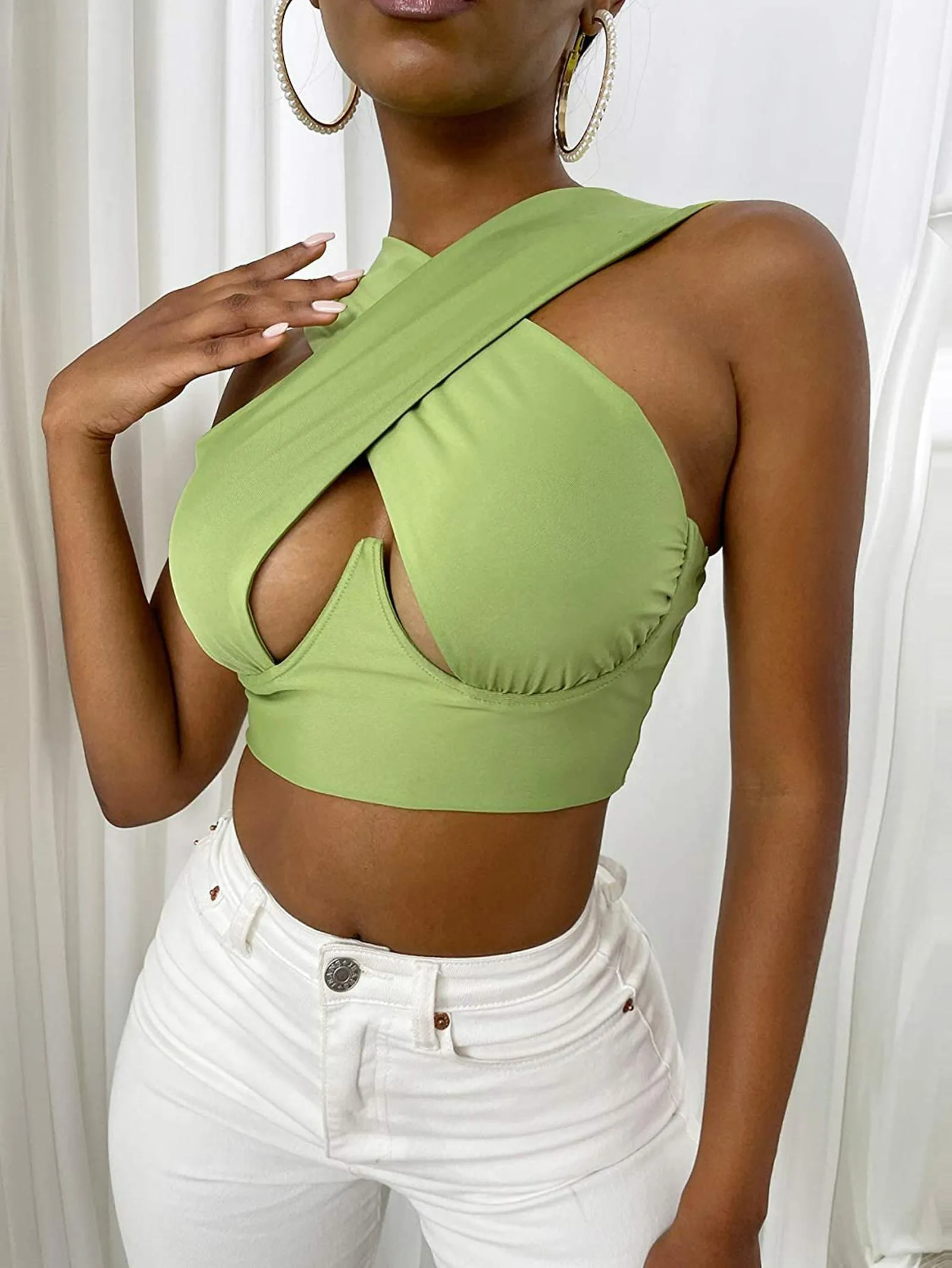 Free  Shipping Cross Wrap Sleeveless Cut-Out Front Crop Top