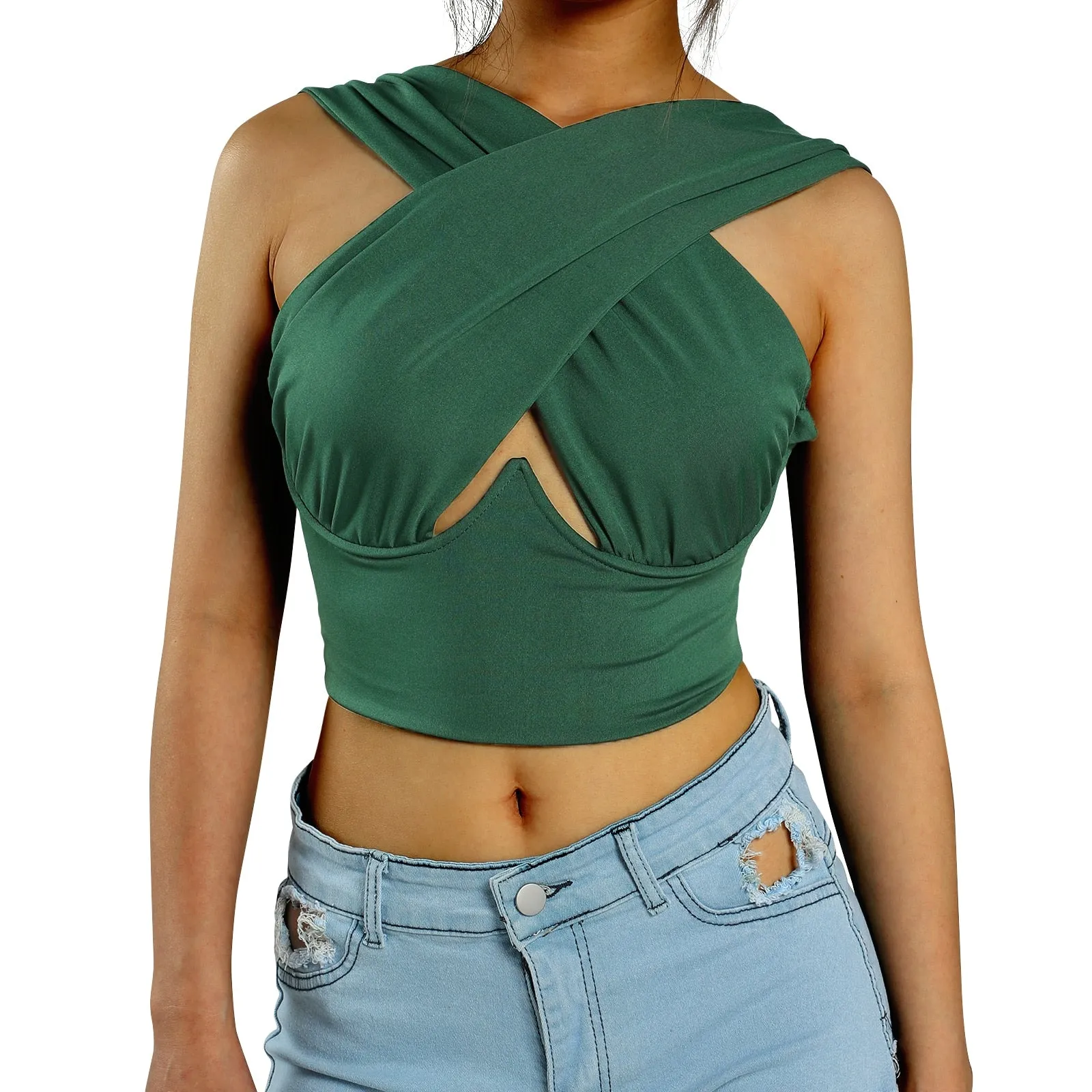 Free  Shipping Cross Wrap Sleeveless Cut-Out Front Crop Top