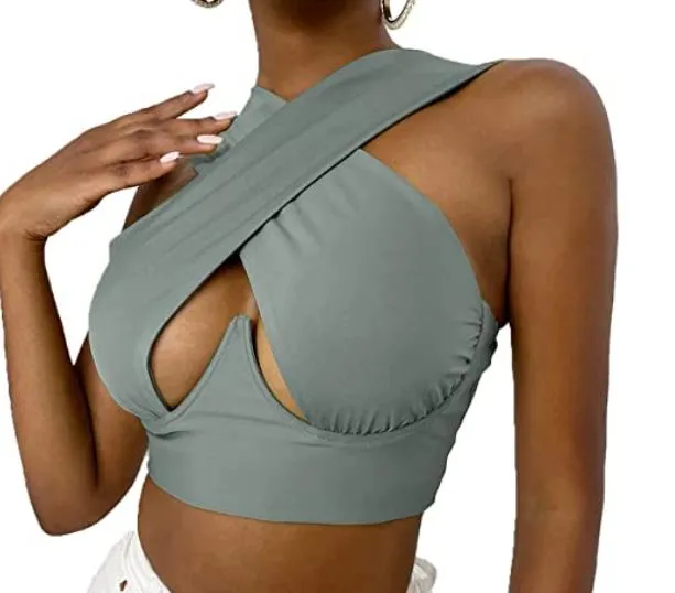 Free  Shipping Cross Wrap Sleeveless Cut-Out Front Crop Top