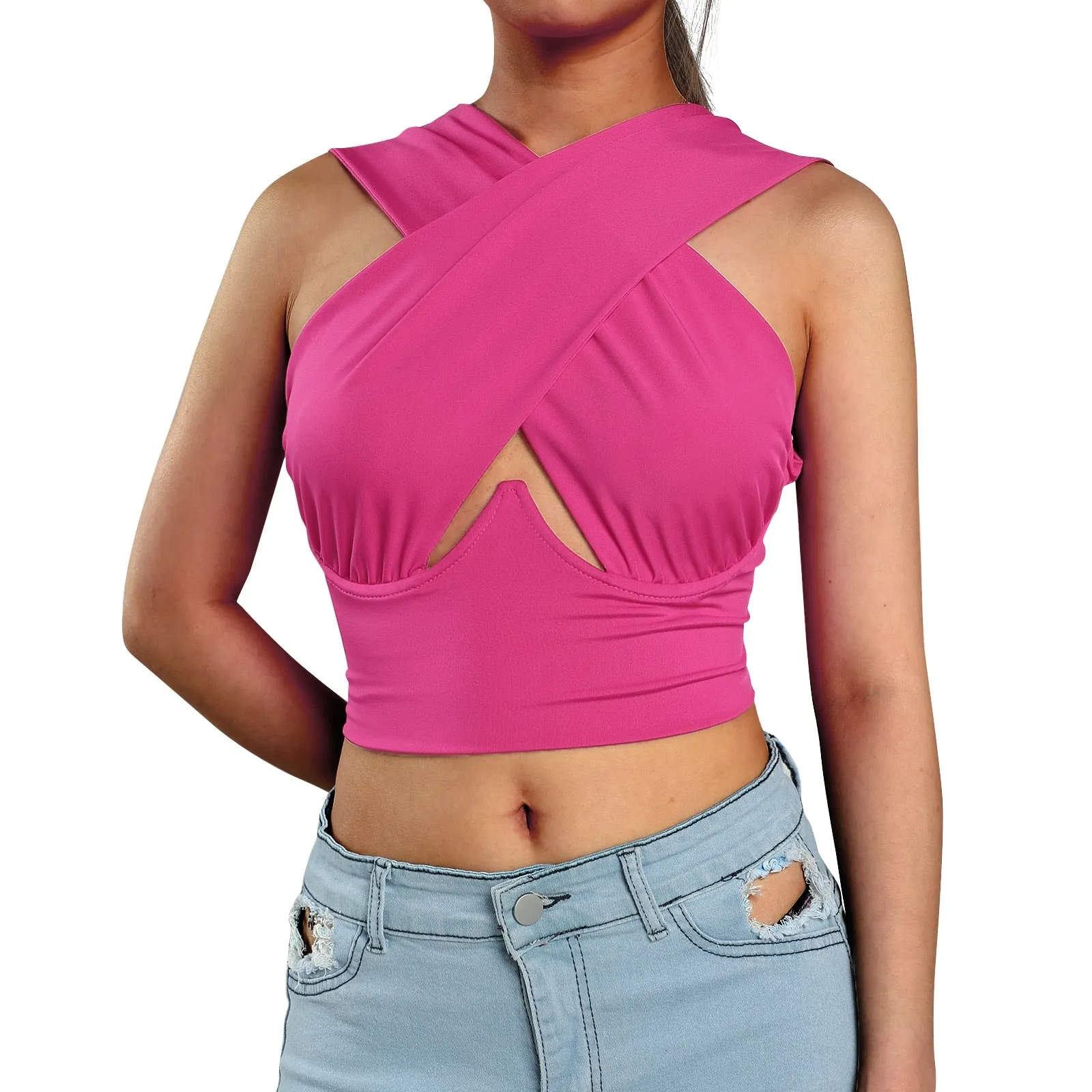 Free  Shipping Cross Wrap Sleeveless Cut-Out Front Crop Top