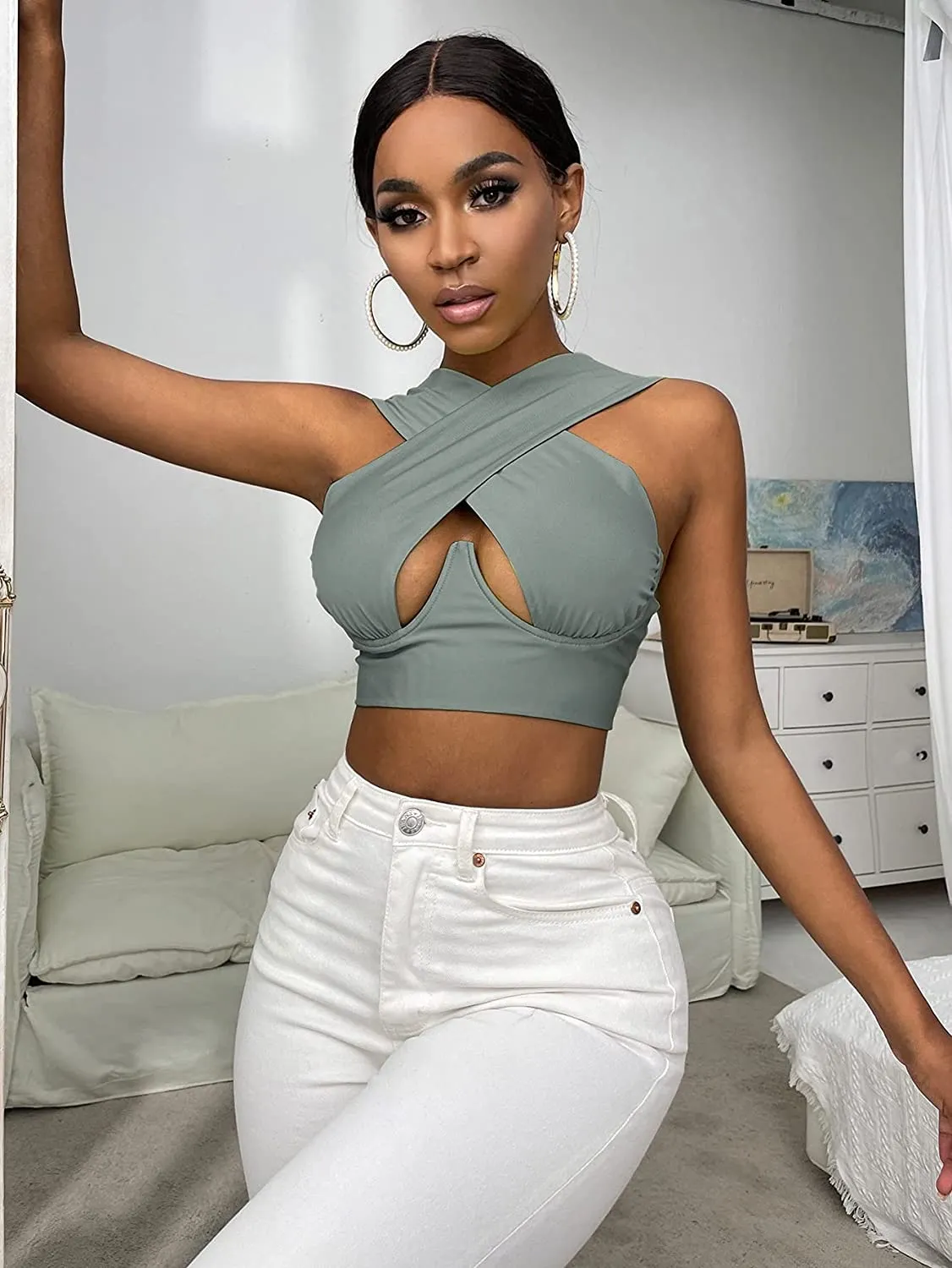 Free  Shipping Cross Wrap Sleeveless Cut-Out Front Crop Top