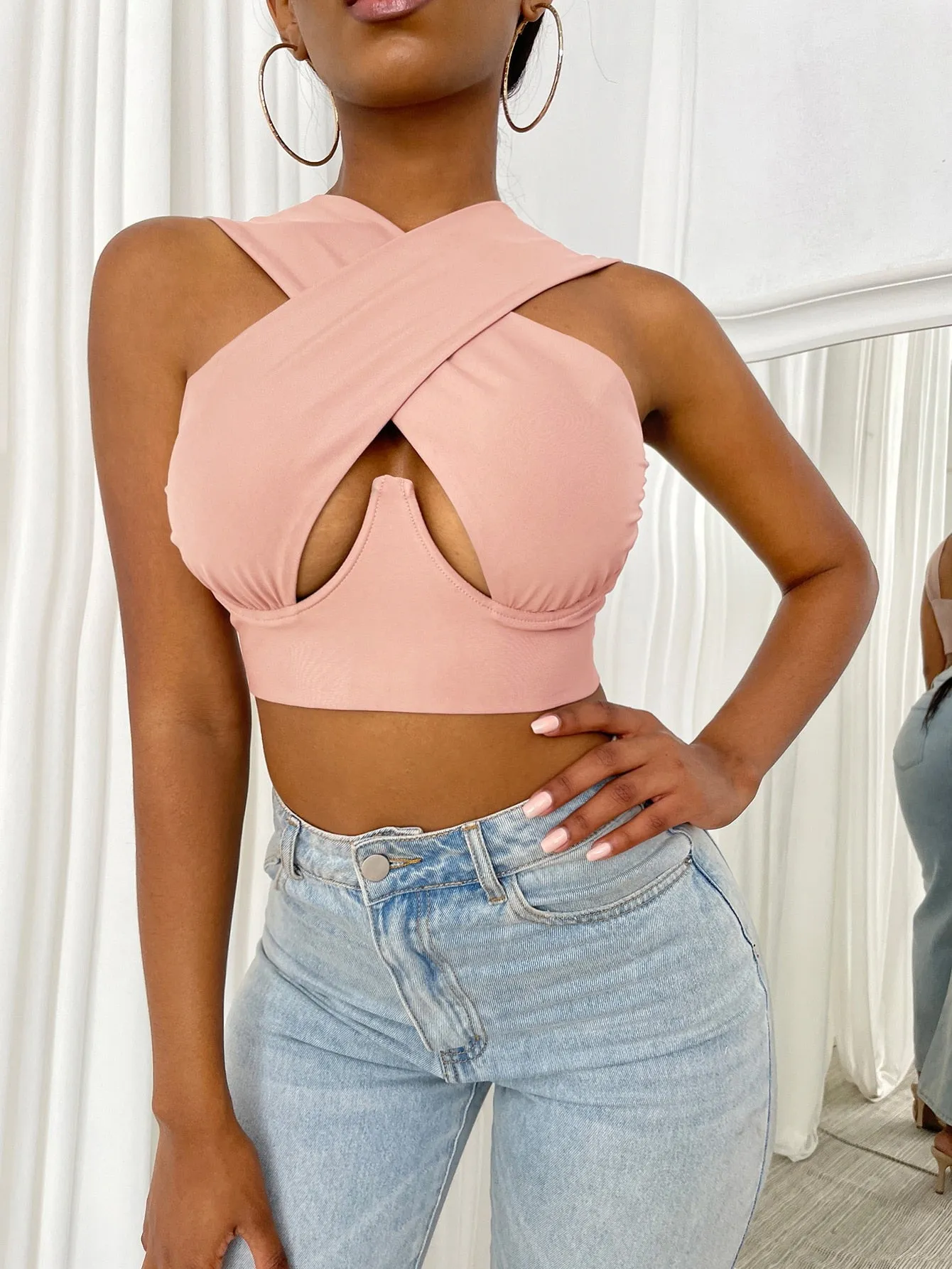 Free  Shipping Cross Wrap Sleeveless Cut-Out Front Crop Top