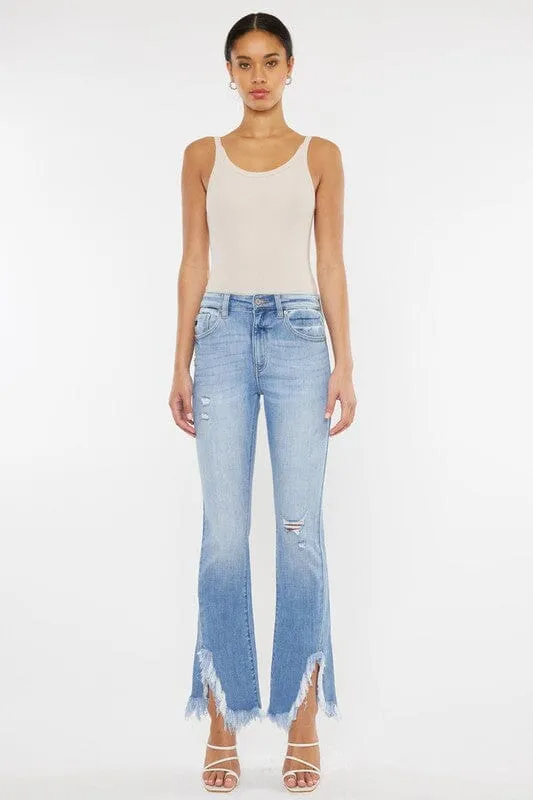 High Rise Frayed Hem Bootcut Jeans - Kan Can USA