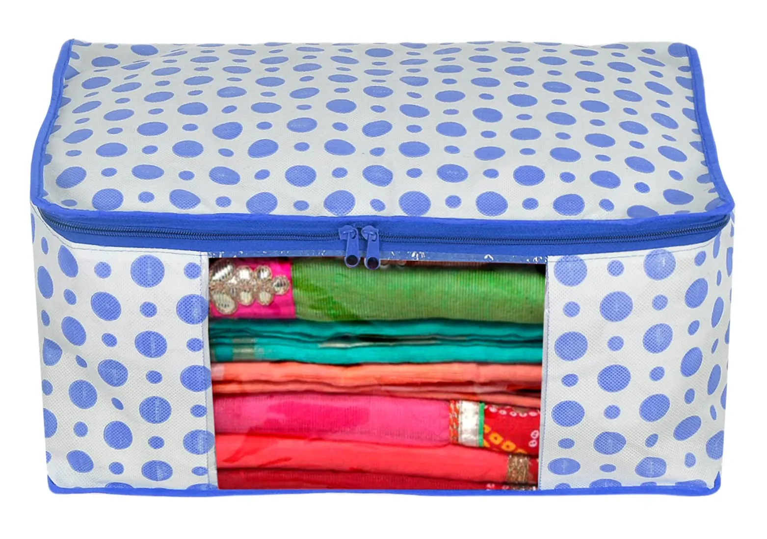 Kuber Industries Dot Printed Foldable, Lightweight Non-Woven Blouse & Saree Cover/Organizer Set With Tranasparent Window- Pack of 6 (Blue)-46KM0469