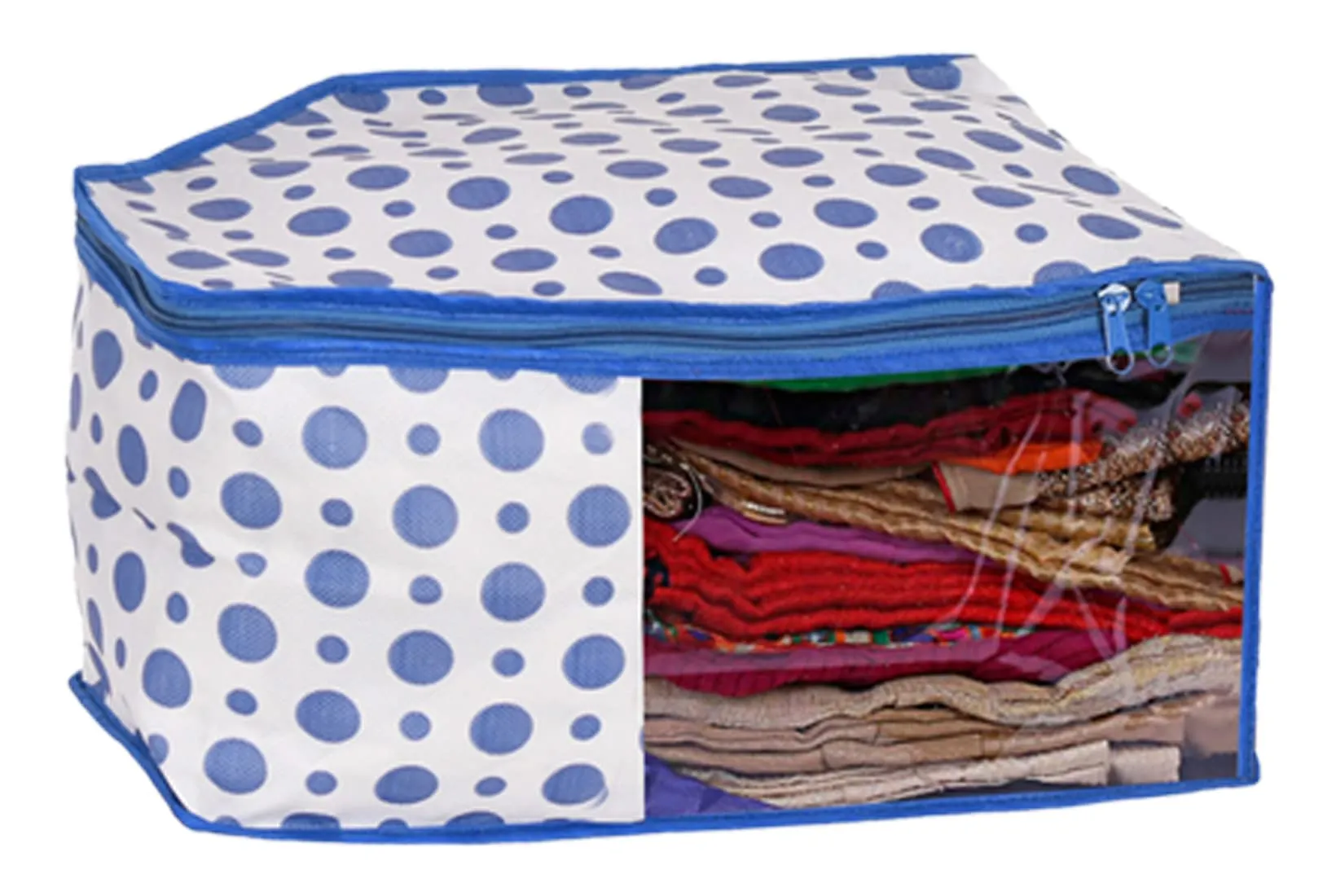 Kuber Industries Dot Printed Foldable, Lightweight Non-Woven Blouse Cover/Organizer With Tranasparent Window- Pack of 4 (Blue)-46KM0307