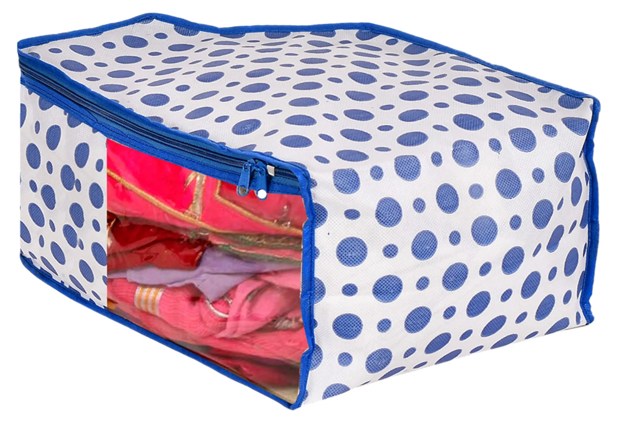 Kuber Industries Dot Printed Non-Woven Blouse & Saree Cover, Cloth Organizer Set, Wardrobe Organiser With Tranasparent Window- Pack of 6 (Blue)-46KM0470