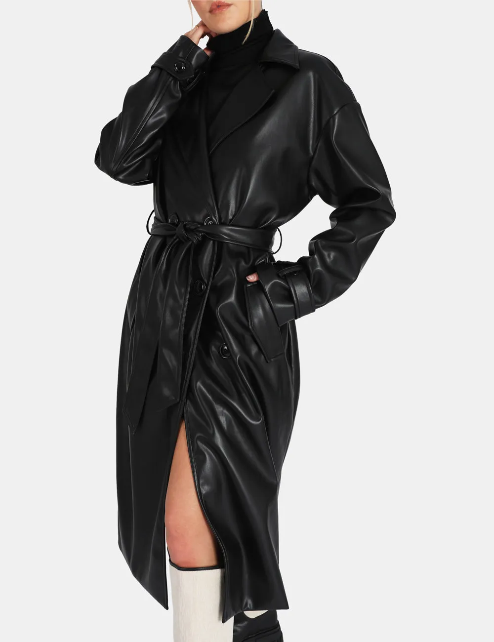 Longline Pu Belted Black Trench