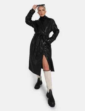 Longline Pu Belted Black Trench