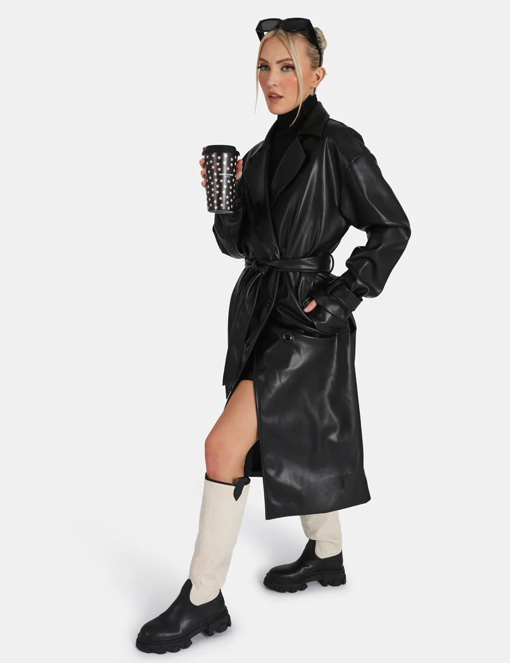 Longline Pu Belted Black Trench