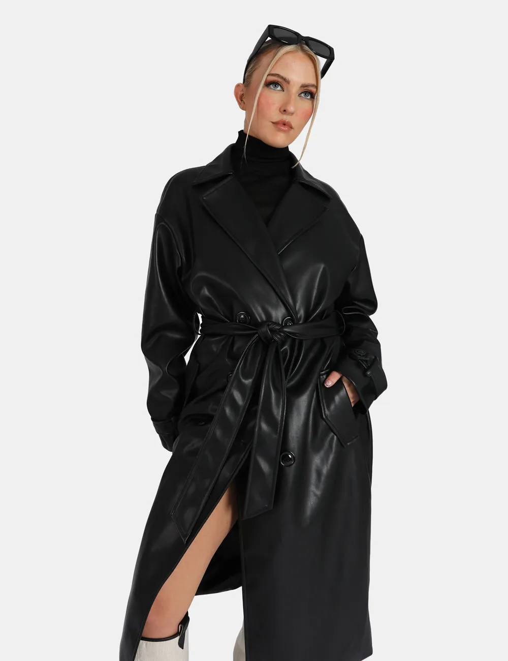 Longline Pu Belted Black Trench