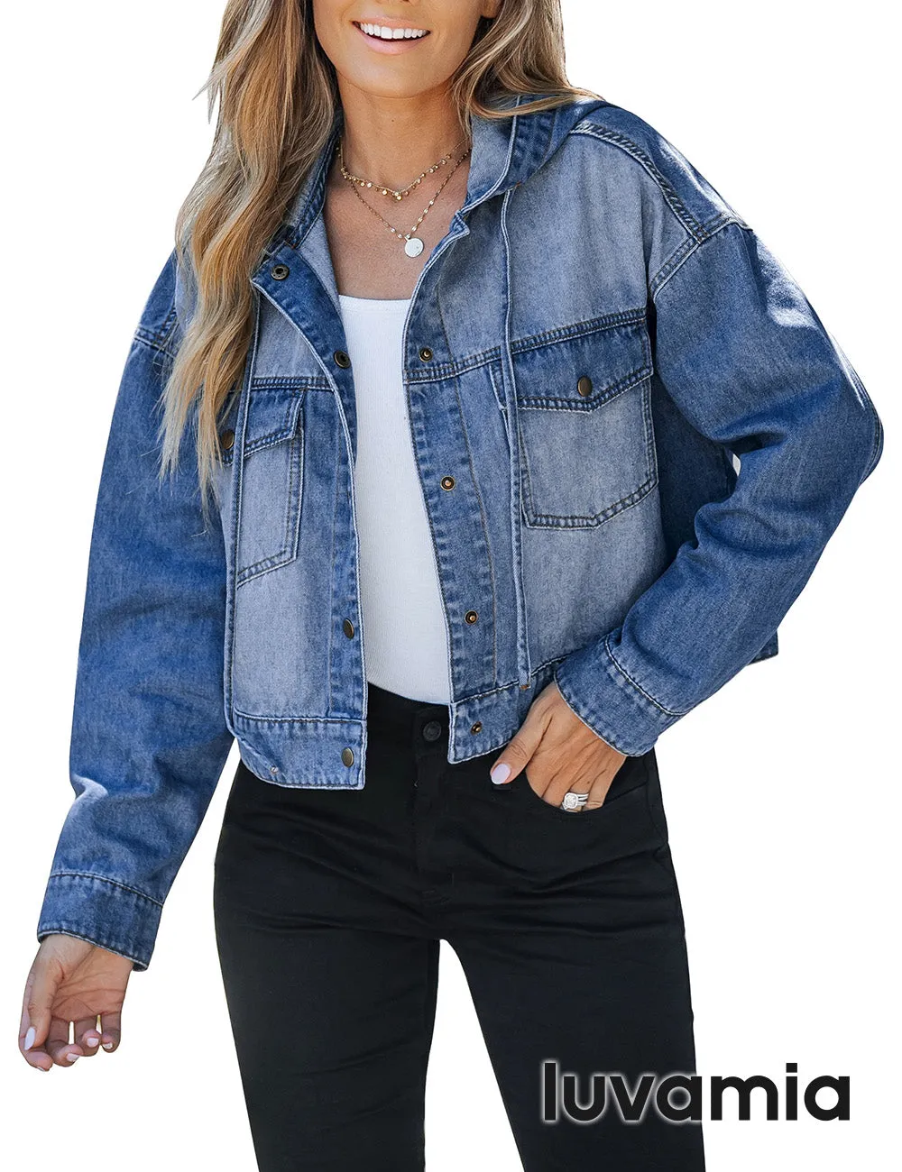 luvamia Denim Jacket for Women Hooded Lightweight Cropped Jean Jacket Oversized Button Down Shacket Trendy Fashion