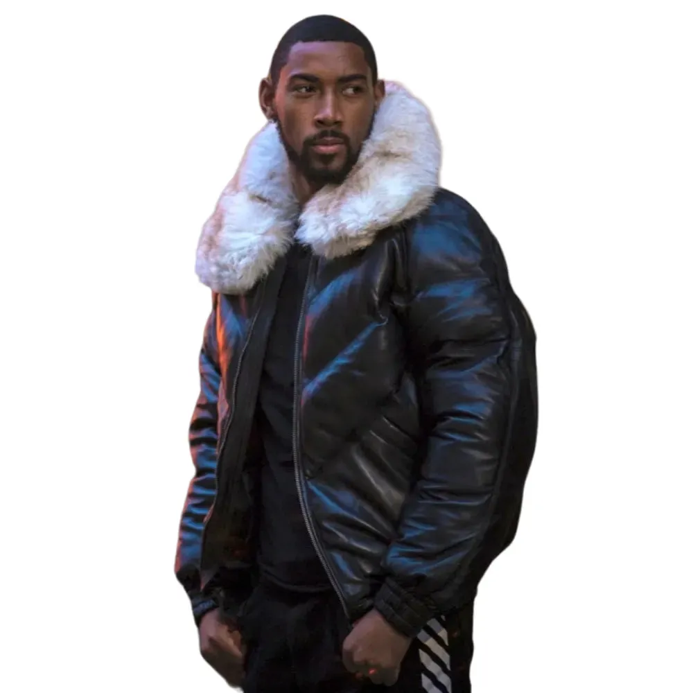 Mens Black Leather V Bomber Jacket With White Fur Collar