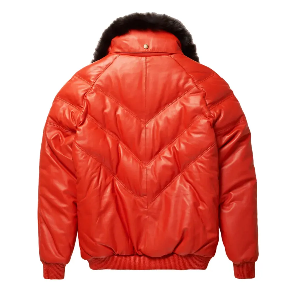 Mens Orange Leather V Bomber Jacket