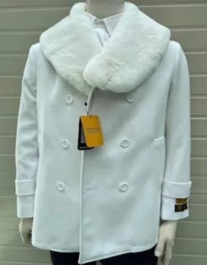 Mens Pea coats With Fur Collar - Wool White Peacoats