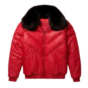 Mens Red Leather V Bomber Jacket