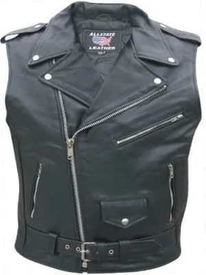 Mens Sleeveless Jacket Black Leather Motorcycle Biker Vest