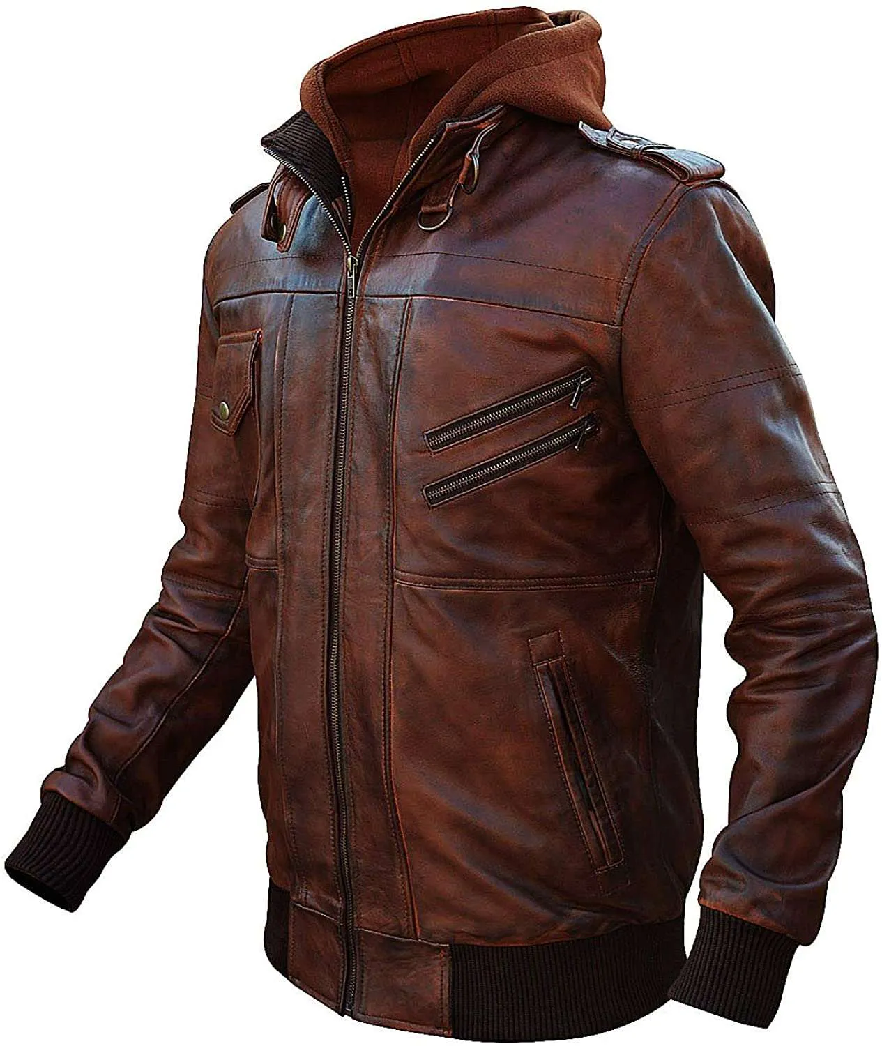 Men’s Slim Fit Bomber Hoodie Vintage Brown Biker Genuine Leather Jacket