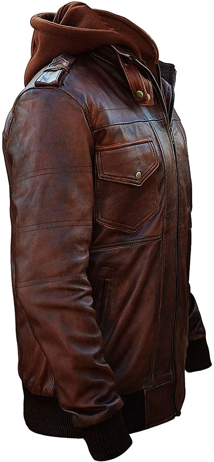 Men’s Slim Fit Bomber Hoodie Vintage Brown Biker Genuine Leather Jacket