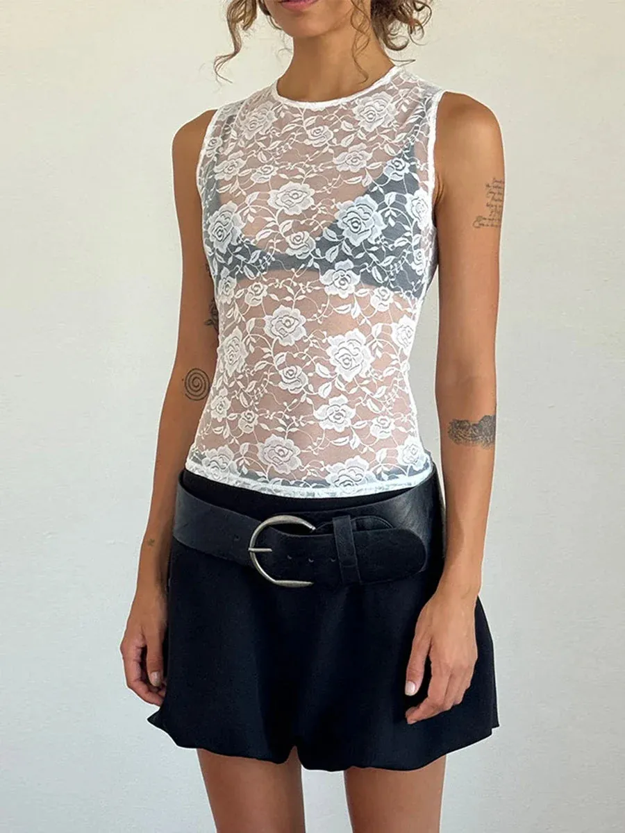 Mesh See-Through Casual Sleeveless Summer Crop Lace Top