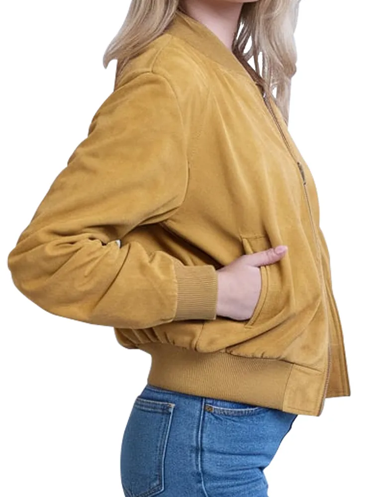 Mustard Yellow Suede Bomber Jacket for Women