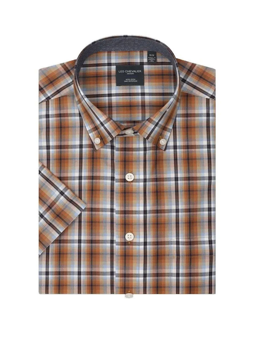 Orange Plaid 100% Cotton Down Collar Short Sleeve Shirts