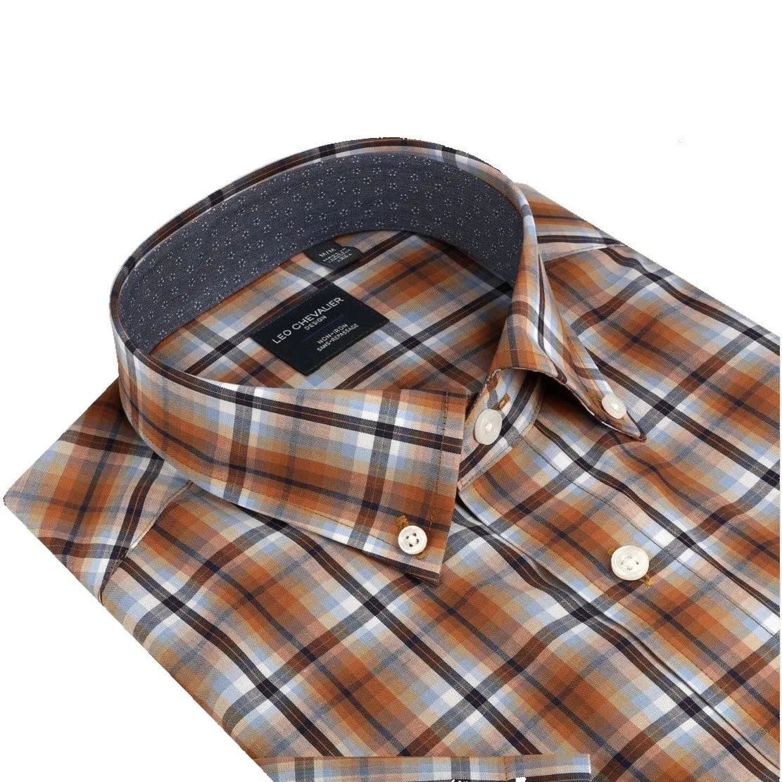 Orange Plaid 100% Cotton Down Collar Short Sleeve Shirts