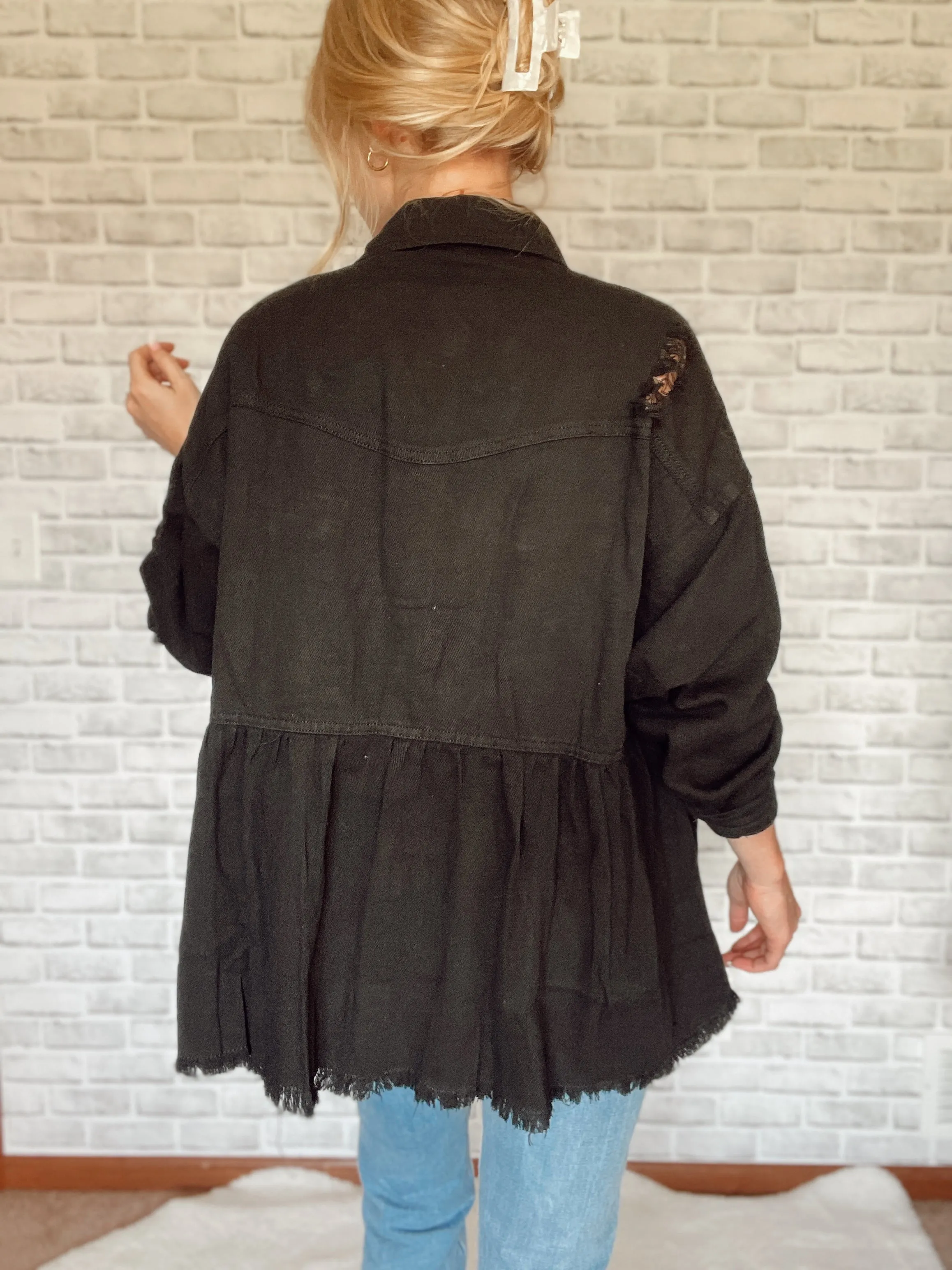 Oversized Black Denim Distressed Jacket