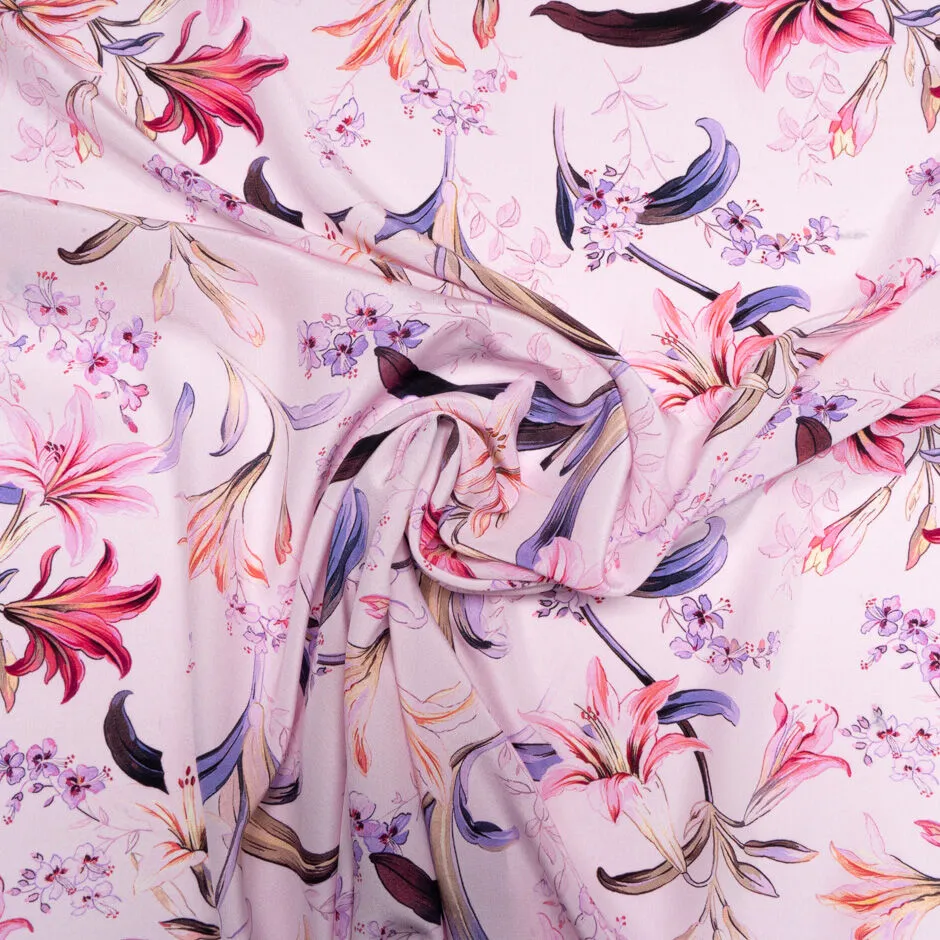 Pink Floral Printed Pale Lilac Silk Crêpe de Chine