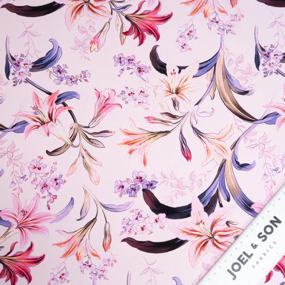 Pink Floral Printed Pale Lilac Silk Crêpe de Chine