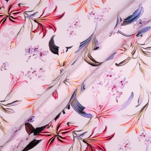 Pink Floral Printed Pale Lilac Silk Crêpe de Chine